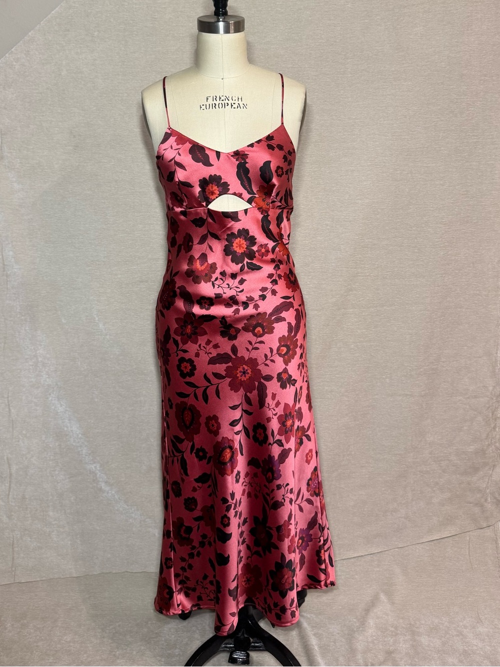House of Harlow 1960 Pink & Burgundy Floral Satin Midi Dress